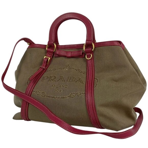 Prada Handbags - Prada Logo Jacquard Handbag 2-Way Shoulder Bag Ribbon Handbag Canvas Brown